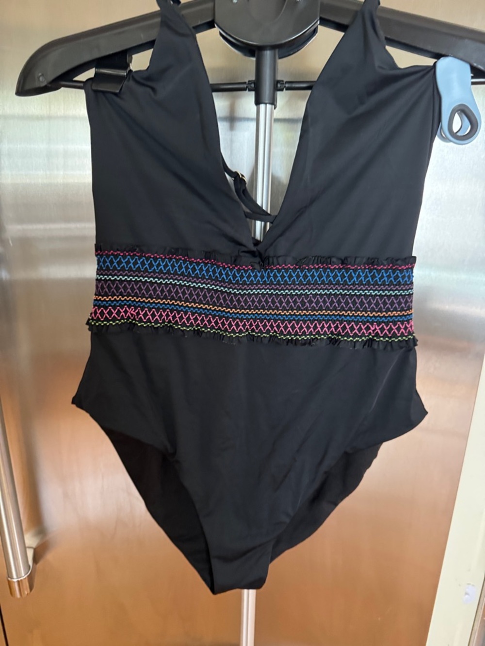 Bar III Black One-Piece Swimsuit with Multicolor Embroidered Band